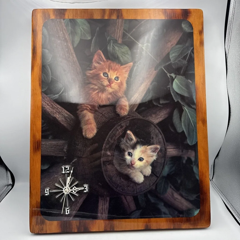 Vtg Wood Framed Wall Clock Kittens Cats WORKS 20x16 Brown Decorative Collectible